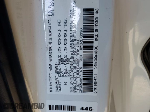 2021 Toyota Tacoma SR with VIN 3TYRX5GN8MT016665, listed as a Copart auction lot 57686725 with 53,631 mi miles and Salvage title. Bid and sale history available at DreamBid. Image 12.
