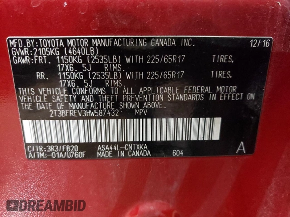 2017 Toyota RAV4 LE with VIN 2T3BFREV3HW587432, listed as a Copart auction lot 55107685 with 148,305 mi miles and Salvage Title. Bid and sale history available at carsss.com. Image 13.