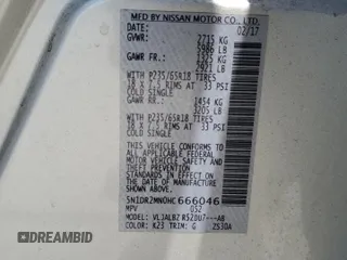 2017 Nissan Pathfinder S with VIN 5N1DR2MN0HC666046, listed as a Copart auction lot 60103085 with 99,194 mi miles and Salvage title. Bid and sale history available at DreamBid. Image 13.