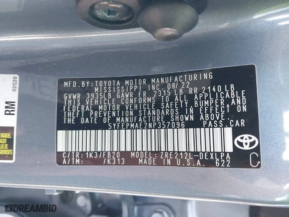 2022 Toyota Corolla LE with VIN 5YFEPMAE2NP357096, listed as a IAAI auction lot 41696913 with 31,387 mi miles. Bid and sale history available at carsss.com. Image 9.
