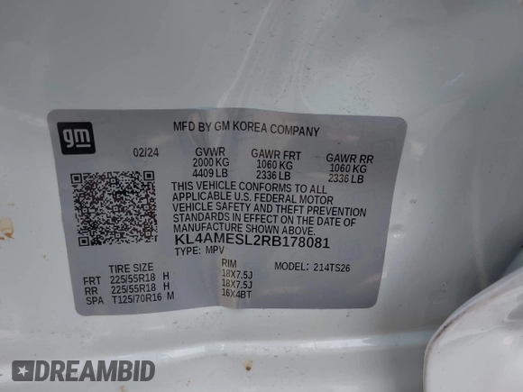 2024 Buick Encore GX Sport Touring with VIN KL4AMESL2RB178081, listed as a IAAI auction lot 42495464 with 5,094 mi miles and . Bid and sale history available at DreamBid. Image 9.
