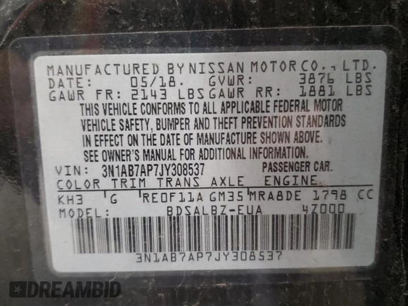 2018 Nissan Sentra S with VIN 3N1AB7AP7JY308537, listed as a Copart auction lot 52090275 with 76,636 mi miles and Clean Title. Bid and sale history available at DreamBid. Image 13.
