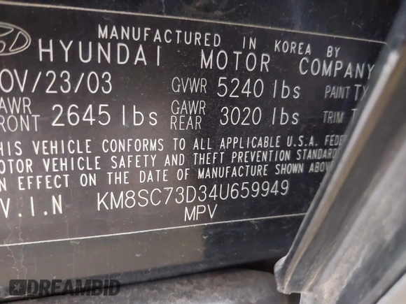 2004 Hyundai Santa Fe GLS with VIN KM8SC73D34U659949, listed as a IAAI auction lot 42111322 with 205,309 mi miles. Bid and sale history available at carsss.com. Image 9.