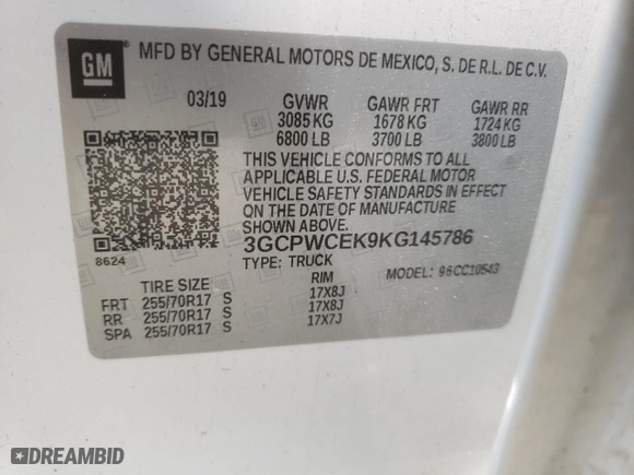 2019 Chevrolet Silverado 1500 LT with VIN 3GCPWCEK9KG145786, listed as a Copart auction lot 51367665 with 57,911 mi miles and Salvage Title. Bid and sale history available at carsss.com. Image 12.