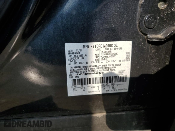 2022 Ford Explorer XLT with VIN 1FMSK8DH8NGA24204, listed as a Copart auction lot 60162555 with 34,923 mi miles and Salvage title. Bid and sale history available at DreamBid. Image 13.
