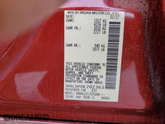 2017 Nissan Altima SL z VIN 1N4AL3AP2HC202363, wystawiony jako Copart lot #58618475 z przebiegiem 209 833 mil mil oraz Szkoda całkowita • Salvage title. Historia ofert i sprzedaży dostępna na DreamBid. Obrazek 12.