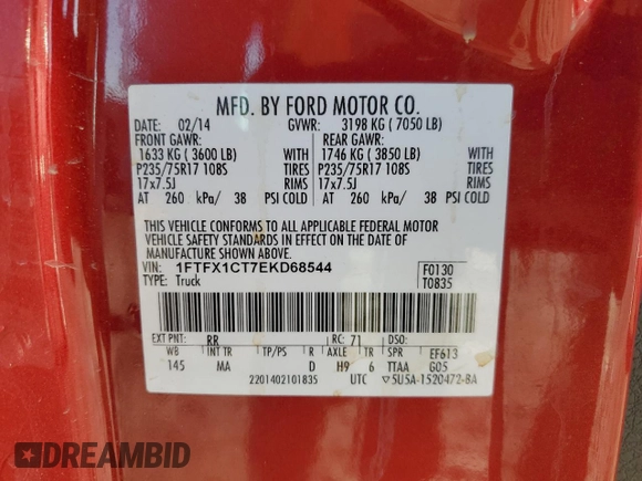 2014 Ford F-150 XL with VIN 1FTFX1CT7EKD68544, listed as a Copart auction lot 80680224 with 265,058 mi miles and Clean Title. Bid and sale history available at carsss.com. Image 12.