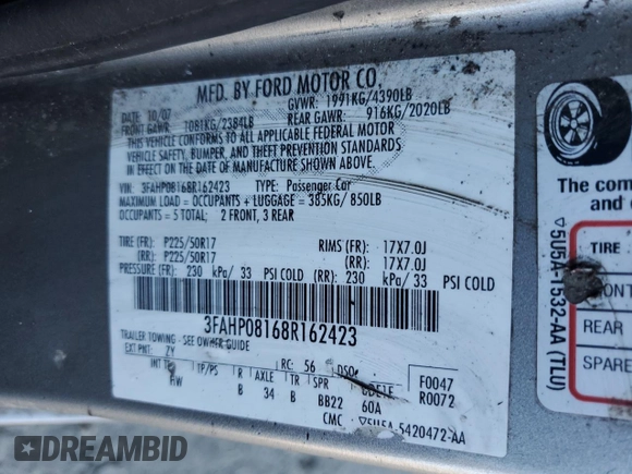 2008 Ford Fusion SEL with VIN 3FAHP08168R162423, listed as a Copart auction lot 54074115 with 0 mi miles and Salvage Title. Bid and sale history available at carsss.com. Image 14.