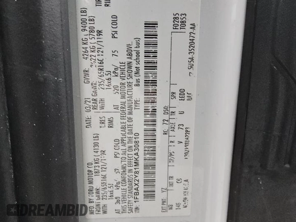 2021 Ford Transit Passenger XL с VIN 1FBAX2Y81MKA30810, выставлен на аукционе Copart как лот 79619024 с пробегом 83 750 миль миль и Чистый • Clean title. История ставок и продаж доступна на DreamBid. Изображение 14.