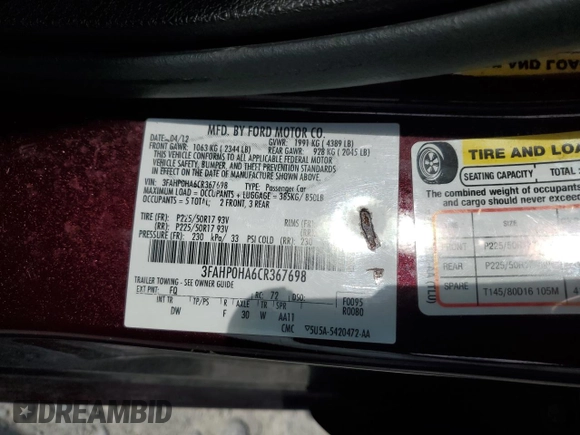 2012 Ford Fusion SE z VIN 3FAHP0HA6CR367698, wystawiony jako Copart lot #54839665 z przebiegiem 58 798 mil mil oraz Szkoda całkowita • Salvage title. Historia ofert i sprzedaży dostępna na DreamBid. Obrazek 13.