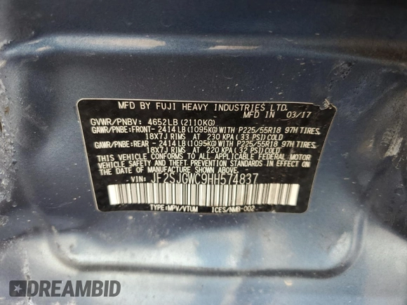 2017 Subaru Forester Touring with VIN JF2SJGWC9HH574837, listed as a Copart auction lot 60128065 with Not provided miles and Salvage title. Bid and sale history available at DreamBid. Image 13.