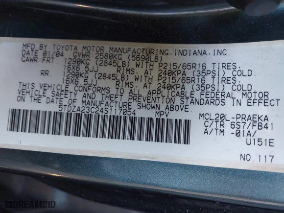 2004 Toyota Sienna CE with VIN 5TDZA23C24S117054, listed as a IAAI auction lot 42034834 with 184,580 mi miles. Bid and sale history available at carsss.com. Image 9.