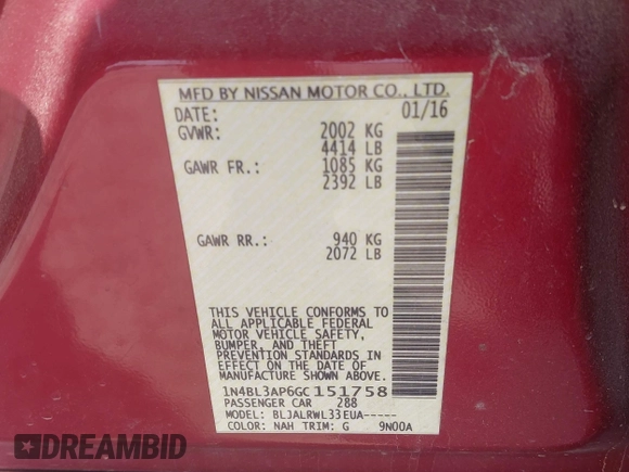 2016 Nissan Altima SL z VIN 1N4BL3AP6GC151758, wystawiony jako IAAI lot #42170448 z przebiegiem 114 978 mil mil oraz . Historia ofert i sprzedaży dostępna na DreamBid. Obrazek 9.