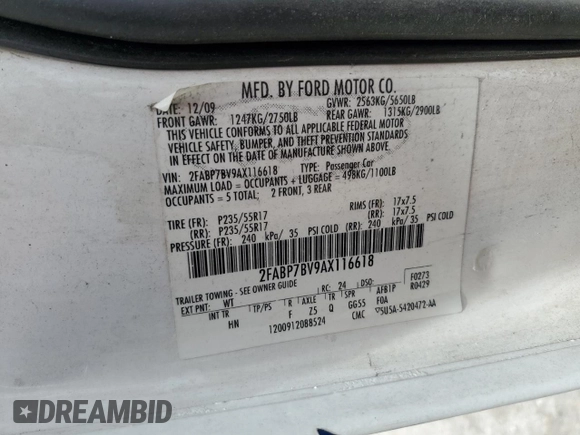 2010 Ford Police Interceptor with VIN 2FABP7BV9AX116618, listed as a Copart auction lot 60080275 with Not provided miles and Salvage title. Bid and sale history available at DreamBid. Image 14.
