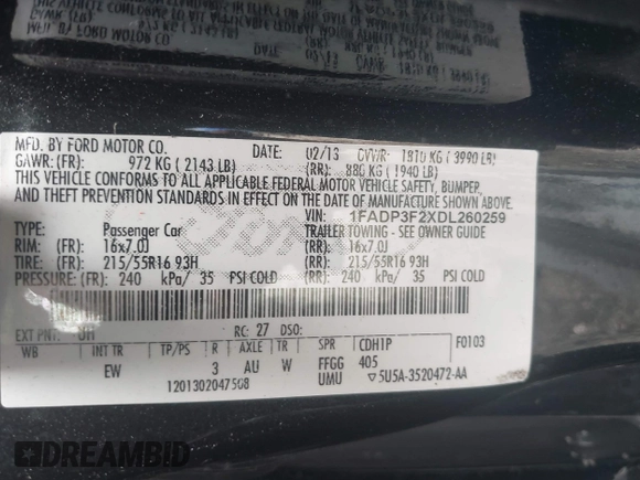 2013 Ford Focus SE with VIN 1FADP3F2XDL260259, listed as a IAAI auction lot 42460604 with 152,626 mi miles and . Bid and sale history available at DreamBid. Image 9.