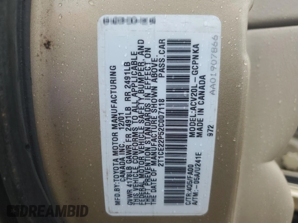 2002 Toyota Solara SE z VIN 2T1CE22P52C007118, wystawiony jako Copart lot #57048195 z przebiegiem 246 404 mil mil oraz Szkoda całkowita • Salvage title. Historia ofert i sprzedaży dostępna na DreamBid. Obrazek 12.