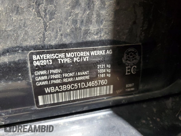 2013 BMW 3 Series 335i xDrive with VIN WBA3B9C51DJ465760, listed as a Copart auction lot 49573555 with 88,234 mi miles and Salvage Title. Bid and sale history available at carsss.com. Image 12.