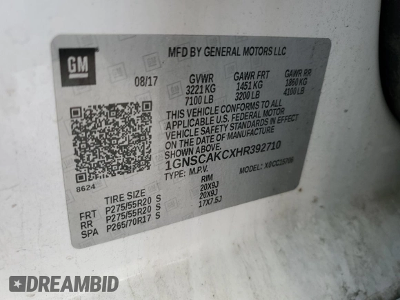 2017 Chevrolet Tahoe LS with VIN 1GNSCAKCXHR392710, listed as a Copart auction lot 54776815 with Not provided miles and Salvage title. Bid and sale history available at DreamBid. Image 13.