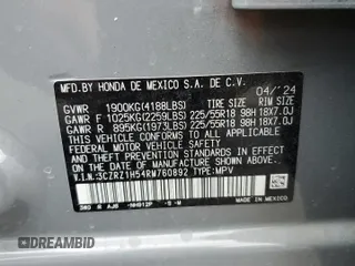 2024 Honda HR-V Sport z VIN 3CZRZ1H54RM760892, wystawiony jako Copart lot #54936985 z przebiegiem 20 220 mil mil oraz Szkoda całkowita • Salvage title. Historia ofert i sprzedaży dostępna na DreamBid. Obrazek 13.