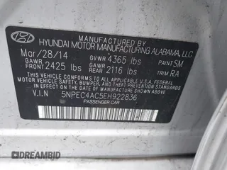 2014 Hyundai Sonata Limited z VIN 5NPEC4AC5EH922836, wystawiony jako IAAI lot #42482157 z przebiegiem 137 339 mil mil oraz . Historia ofert i sprzedaży dostępna na DreamBid. Obrazek 9.