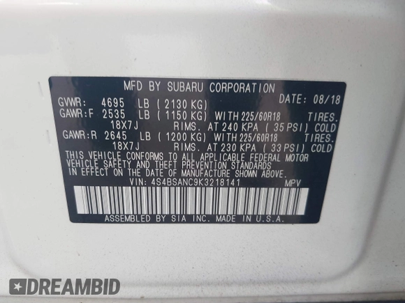 2019 Subaru Outback Limited with VIN 4S4BSANC9K3218141, listed as a IAAI auction lot 42454290 with 62,231 mi miles and . Bid and sale history available at DreamBid. Image 9.