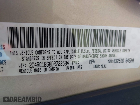 2013 Chrysler Town & Country Touring with VIN 2C4RC1BG8DR722584, listed as a IAAI auction lot 41854772 with 84,453 mi miles. Bid and sale history available at carsss.com. Image 9.