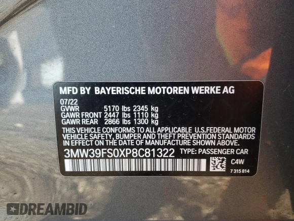 2023 BMW 3 Series 330e xDrive with VIN 3MW39FS0XP8C81322, listed as a Copart auction lot 47655915 with 12,650 mi miles and Salvage Title. Bid and sale history available at carsss.com. Image 12.