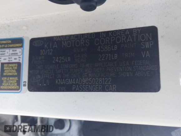 2012 Kia Optima Hybrid with VIN KNAGM4AD9C5028122, listed as a IAAI auction lot 41937927 with 125,231 mi miles. Bid and sale history available at carsss.com. Image 9.