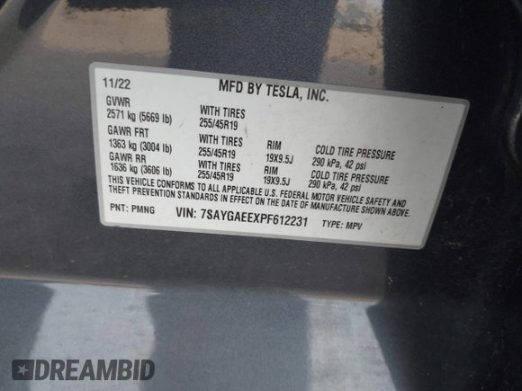 2023 Tesla Model Y Long Range with VIN 7SAYGAEEXPF612231, listed as a IAAI auction lot 41758243 with 32,924 mi miles and . Bid and sale history available at DreamBid. Image 9.