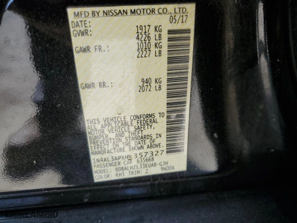 2017 Nissan Altima 2.5 SR with VIN 1N4AL3APXHN357327, listed as a Copart auction lot 52083215 with 159,430 mi miles and Salvage Title. Bid and sale history available at carsss.com. Image 14.