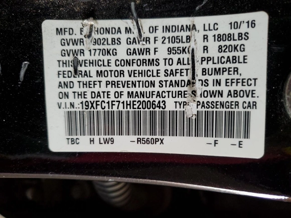 2017 Honda Civic Sedan EX-L with VIN 19XFC1F71HE200643, listed as a Copart auction lot 44275825 with 241,465 mi miles and Salvage Title. Bid and sale history available at carsss.com. Image 14.