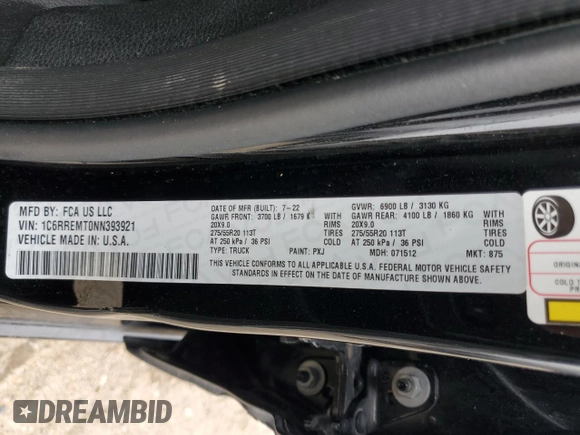 2022 Ram 1500 Big Horn with VIN 1C6RREMT0NN393921, listed as a Copart auction lot 51179695 with 79,839 mi miles and Salvage Title. Bid and sale history available at carsss.com. Image 12.
