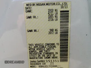 2014 Nissan Altima S with VIN 1N4AL3AP8EC151351, listed as a Copart auction lot 51567755 with 167,000 mi miles and Non Repairable. Bid and sale history available at DreamBid. Image 12.