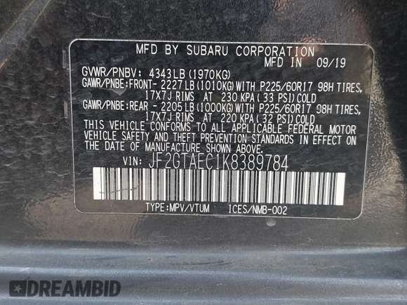 2019 Subaru Crosstrek Premium с VIN JF2GTAEC1K8389784, выставлен на аукционе IAAI как лот 42533521 с пробегом 23 400 миль миль и . История ставок и продаж доступна на DreamBid. Изображение 9.