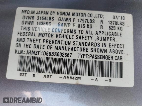 2011 Honda CR-Z EX with VIN JHMZF1D66BS002867, listed as a IAAI auction lot 42520026 with 198,339 mi miles and . Bid and sale history available at DreamBid. Image 9.