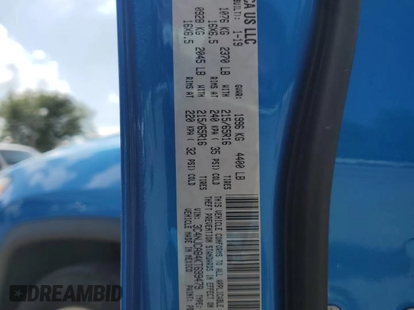 2019 Jeep Compass Sport z VIN 3C4NJCAB4KT699479, wystawiony jako Copart lot #57969445 z przebiegiem 97 621 mil mil oraz Szkoda całkowita • Salvage title. Historia ofert i sprzedaży dostępna na DreamBid. Obrazek 13.