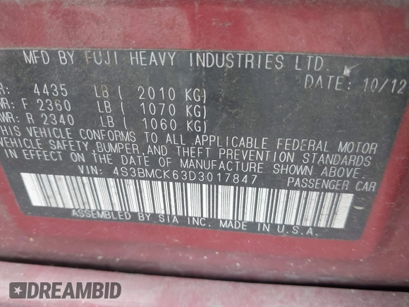2013 Subaru Legacy Limited with VIN 4S3BMCK63D3017847, listed as a IAAI auction lot 42527942 with 157,551 mi miles and . Bid and sale history available at DreamBid. Image 9.