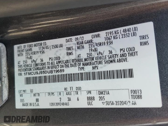 2013 Ford Escape Titanium with VIN 1FMCU9J95DUB19689, listed as a Copart auction lot 64094705 with 245,277 mi miles and Clean title. Bid and sale history available at DreamBid. Image 13.