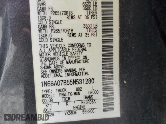 2005 Nissan Titan LE with VIN 1N6BA07B55N531280, listed as a Copart auction lot 54362925 with Not provided miles and Non repairable. Bid and sale history available at DreamBid. Image 13.