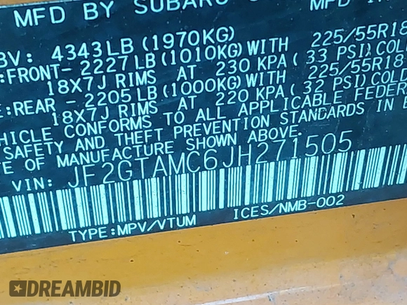 2018 Subaru Crosstrek Limited with VIN JF2GTAMC6JH271505, listed as a IAAI auction lot 42690125 with 49,420 mi miles and . Bid and sale history available at DreamBid. Image 9.