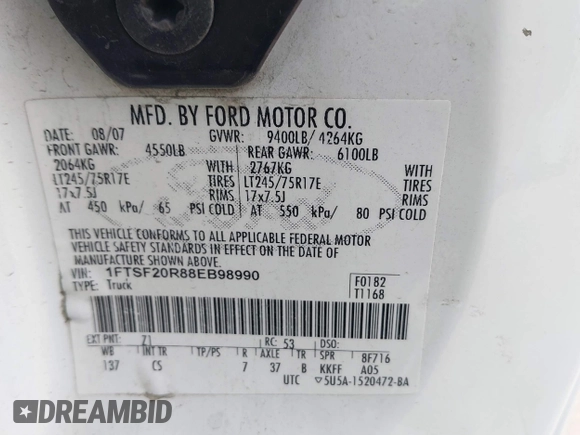 2008 Ford F-250 with VIN 1FTSF20R88EB98990, listed as a IAAI auction lot 41094015 with 174,237 mi miles and . Bid and sale history available at DreamBid. Image 9.