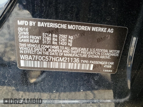 2017 BMW 7 Series 750i with VIN WBA7F0C57HGM21136, listed as a Copart auction lot 88525335 with 102,508 mi miles and Salvage title. Bid and sale history available at DreamBid. Image 14.