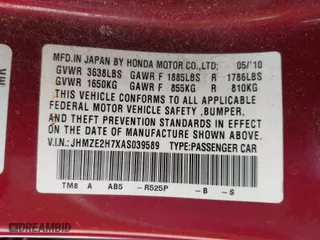 2010 Honda Insight EX with VIN JHMZE2H7XAS039589, listed as a IAAI auction lot 41769289 with 1 mi miles. Bid and sale history available at carsss.com. Image 9.
