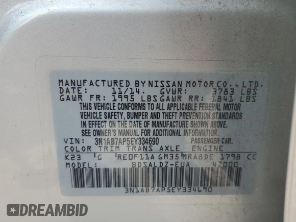 2014 Nissan Sentra SV with VIN 3N1AB7AP5EY334690, listed as a Copart auction lot 62394735 with 144,264 mi miles and Salvage title. Bid and sale history available at DreamBid. Image 12.