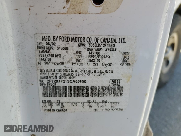 2003 Ford F-150 XL with VIN 2FTRX17213CA05950, listed as a Copart auction lot 54435115 with 310,503 mi miles and Salvage title. Bid and sale history available at DreamBid. Image 13.