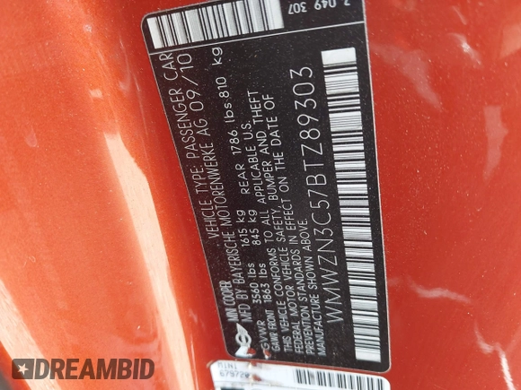 2011 MINI Convertible with VIN WMWZN3C57BTZ89303, listed as a IAAI auction lot 42352242 with 146,448 mi miles and . Bid and sale history available at DreamBid. Image 9.