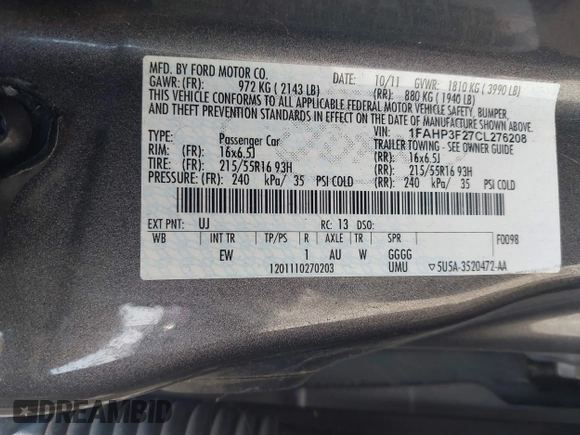 2012 Ford Focus SE with VIN 1FAHP3F27CL276208, listed as a IAAI auction lot 41995770 with 98,004 mi miles. Bid and sale history available at carsss.com. Image 9.