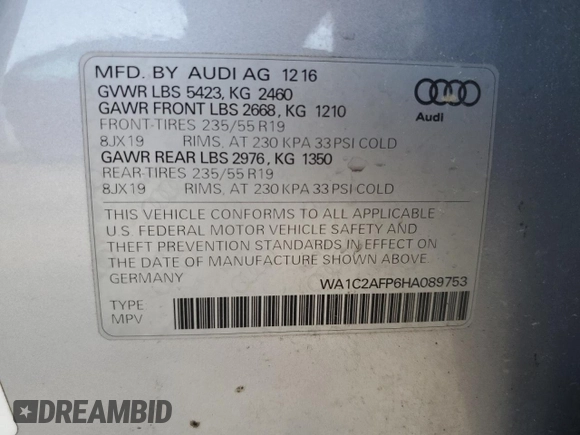 2017 Audi Q5 Premium with VIN WA1C2AFP6HA089753, listed as a Copart auction lot 57130595 with 150,755 mi miles and Clean title. Bid and sale history available at DreamBid. Image 13.