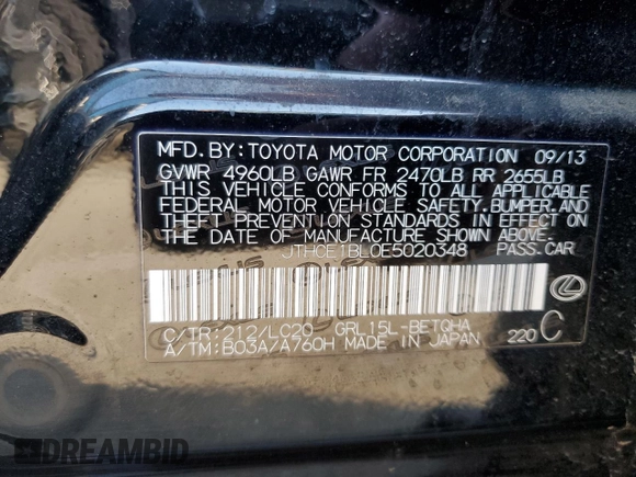2014 Lexus GS 350 with VIN JTHCE1BL0E5020348, listed as a Copart auction lot 59482125 with 78,384 mi miles and Salvage title. Bid and sale history available at DreamBid. Image 12.