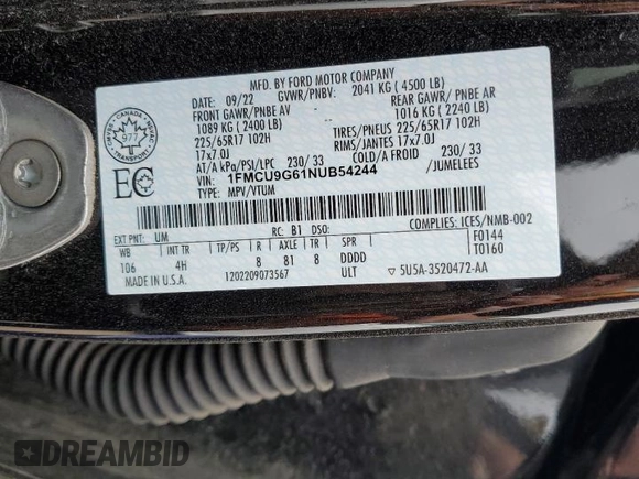 2022 Ford Escape SE with VIN 1FMCU9G61NUB54244, listed as a Copart auction lot 60967735 with 64,033 mi miles and Clean title. Bid and sale history available at DreamBid. Image 13.